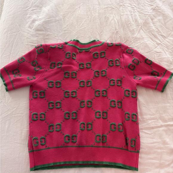 Gucci Pink Short-Sleeve GG Logo Crewneck Sweater with Green Trim - Picture 3 of 3